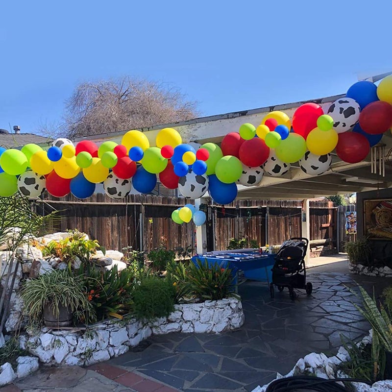 YMSZ Toy Inspired Story Balloons Arch Kit, 120pcs Red Blue Yellow Balloons with Cow Print Balloons for Boys Girls Inspired Story Party Themed Birthday Party Decorations - Image 4